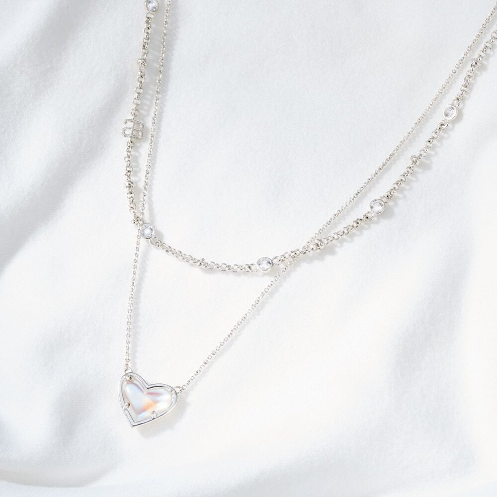 Alicia Bonnie Dichroic Glass Heart Pendant Layered Silver Necklace Multi Strand